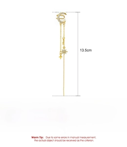 Detail view of 13.5cm gold tassel earrings with moon star charms and micro-pave zircons
