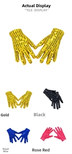 Detail of sequin stage performance gloves in gold, black, royal blue, and rose red colors