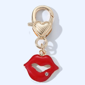 Golden heart clasp keychain with red enamel lips and crystal rhinestone pendant charm