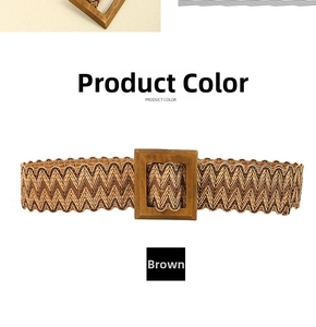 Close-up of brown woven straw belt with a square wooden buckle and wavy texture detail