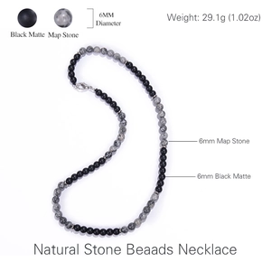 6mm natural Map Stone and Black Matte beaded necklace for men and women in S-shape layout