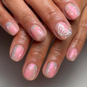 Aurora Pink Blush Press On Nails Butterfly Stars Pattern Short Oval Glossy Artificial Nails Sweet Ins Style For Women