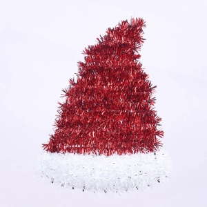 Sparkling red sequin Christmas hat with soft white plush trim for festive holiday decor