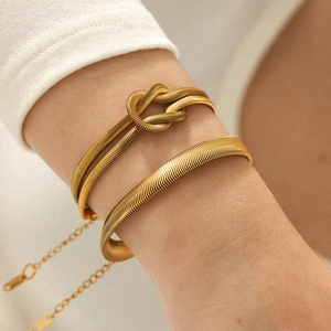 Women 18K Gold Plated Stainless Steel Bracelet Snake Bone Chain Knot Design Flat Herringbone Adjustable Jewelry