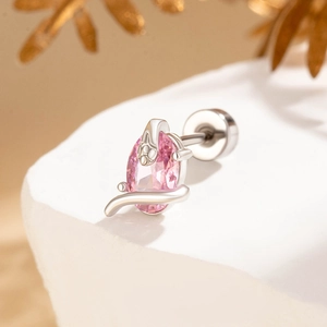 Silver snake stud earring with pink oval zircon and screw back closure for cartilage piercing