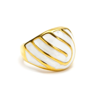 Detail of 18k gold-plated titanium steel ring with white enamel stripes on wide band