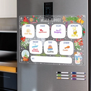 Magnetic acrylic weekly planner set with 6 markers on fridge with Christmas theme