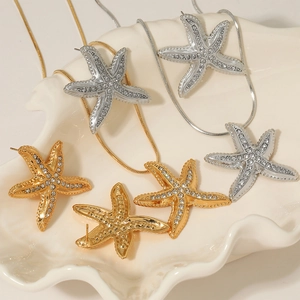 316L stainless steel starfish jewelry set with rhinestones in gold and silver finishes