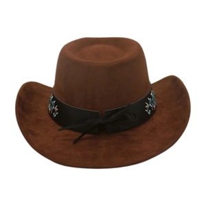 Detailed view of dark brown suede cowboy hat with turquoise ethnic pattern embroidery