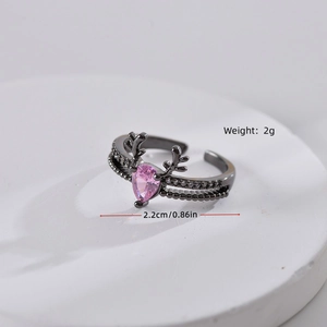 Adjustable deer antler open ring with pink heart gemstone and sparkling side stones