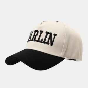 Close-up of high-quality MARLIN 3D embroidery on two-tone cotton twill trucker cap