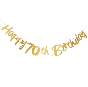 Glitter gold Happy 70th Birthday banner for party wall decoration with cursive letters
