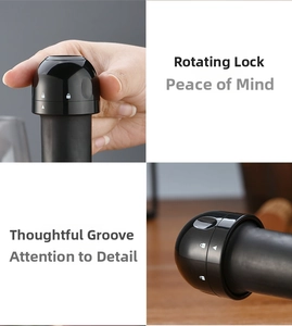 Detail of black champagne stopper featuring rotary lock system and anti-slip finger grooves