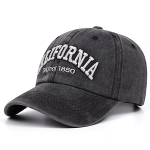 Washed dark grey cotton baseball cap with white CALIFORNIA 1850 embroidery on front