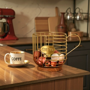 Golden metal wire coffee capsule storage basket in cup shape with solid wood base