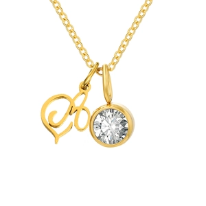 Gold stainless steel necklace with letter A pendant and round birthstone charm