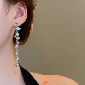 Silver needle long tassel earrings with cubic zirconia stones on female model