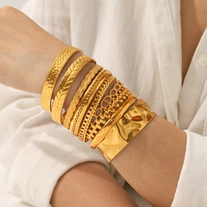 Bracelet Jonc Ouvert En Acier Inoxydable Plaqué Or 18K Pour Femme Géométrique Martelée Tissée Bambou Texturé Bijoux