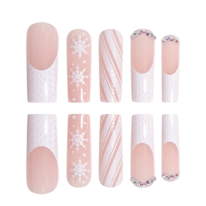 Winter Christmas press-on nails with white snowflakes, stripes and rhinestones decor