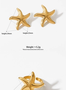 Detailed view of golden starfish earrings and ring set with dimensions and weight