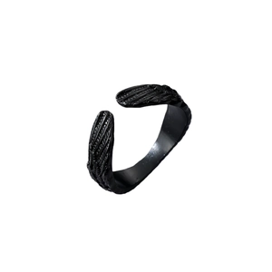 Gothic black snake-themed open ring with detailed feather texture in metallic finish