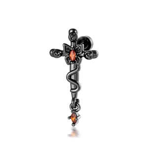 Snake wrap cross earrings with orange gemstones in black titanium steel