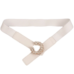Elegant off-white elastic belt for women featuring a metal C-shaped rhinestone buckle