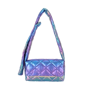 Minimalist square crossbody bag with holographic metallic finish and diamond quilting