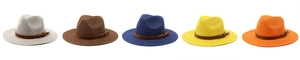 Detailed row of five breathable straw fedora hats in various colors with leather bands