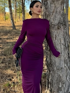 Detail of ruched side texture on a slim-fit dark purple long sleeve dress for women