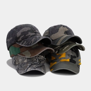 Selection of camouflage baseball caps featuring various patterns and washed cotton texture