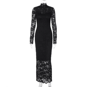 Close-up of black lace patchwork details and standing collar on this slim fit dress