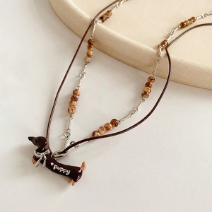 Dachshund puppy pendant necklace with double-layer rope chain and brown beads