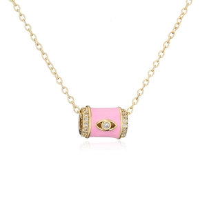 Luxurious 18K gold plated necklace with a pink cylindrical pendant and clear zircon stones