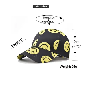 Size guide for the smiley face baseball cap with dimensions for circumference and brim