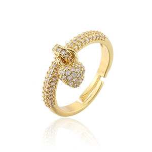 18K gold plated heart ring with micro-paved cubic zirconia and adjustable open band