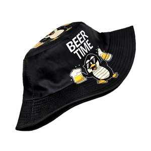 Detail of a black bucket hat featuring a funny penguin with Beer Time cartoon print