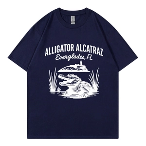 Dark blue crew neck t-shirt with white Alligator Alcatraz graphic and Everglades FL print