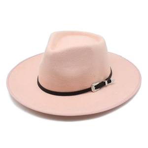 Detail of pink wool fedora hat featuring black decorative band and vintage silver buckle