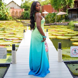 Halter neck maxi dress with green and blue gradient and floral print for summer vacation