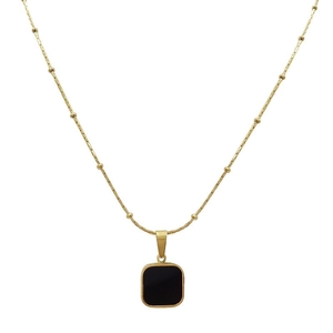 Gold plated titanium steel necklace with a square black pendant and beaded chain detail