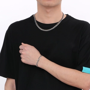 Minimalist silver stainless steel cuban chain necklace and bracelet set for men