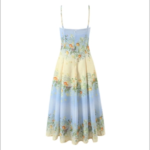 Bohemian gradient maxi dress with tropical orange print and adjustable spaghetti straps