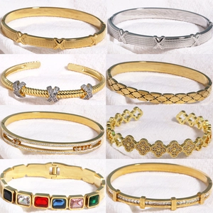 Bracelet Jonc Acier Inoxydable Titane Zircon Cubique Carré Pierre Colorée Nacre Forme X Trèfle Bijoux Femme Mode