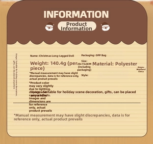 Specifications chart for Christmas long-legged doll listing weight and polyester material
