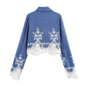 Blue short blazer for women with white floral lace embroidery on hem and cuffs back view