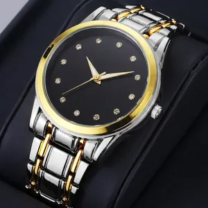 Luxe men's quartz watch with black dial, Roman numerals, and two-tone steel band