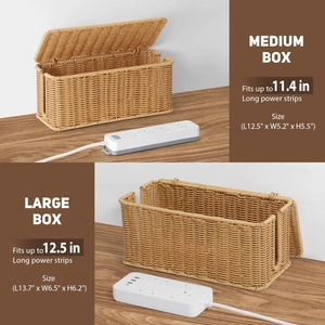 Faux rattan cable management boxes in medium and large sizes on a wooden desk