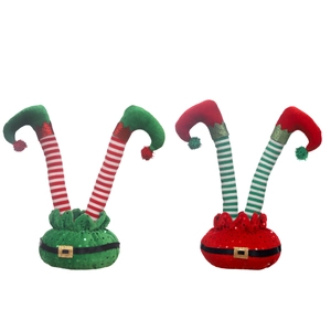 Cute Christmas striped elf legs decorations in red and green with plush and sequins