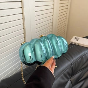 Teal acrylic evening clutch bag with marble pattern and gold chain strap